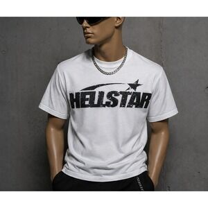 Hellstar Studios White Graphic T-Shirt Mens Medium Distressed Logo Streetwear‎